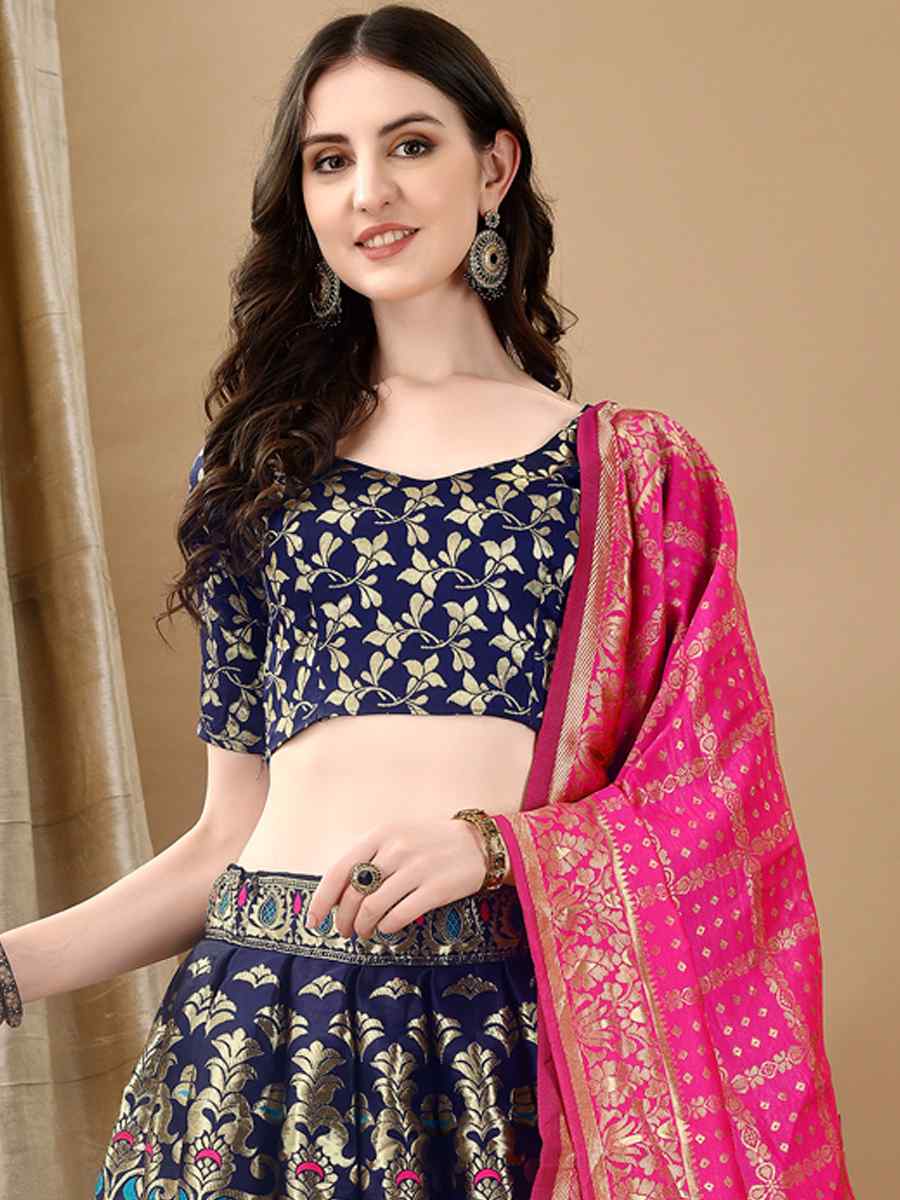 Navy Blue Soft Silk Jacquard Embroidery Bridesmaid Wedding Heavy Border Lehenga Choli