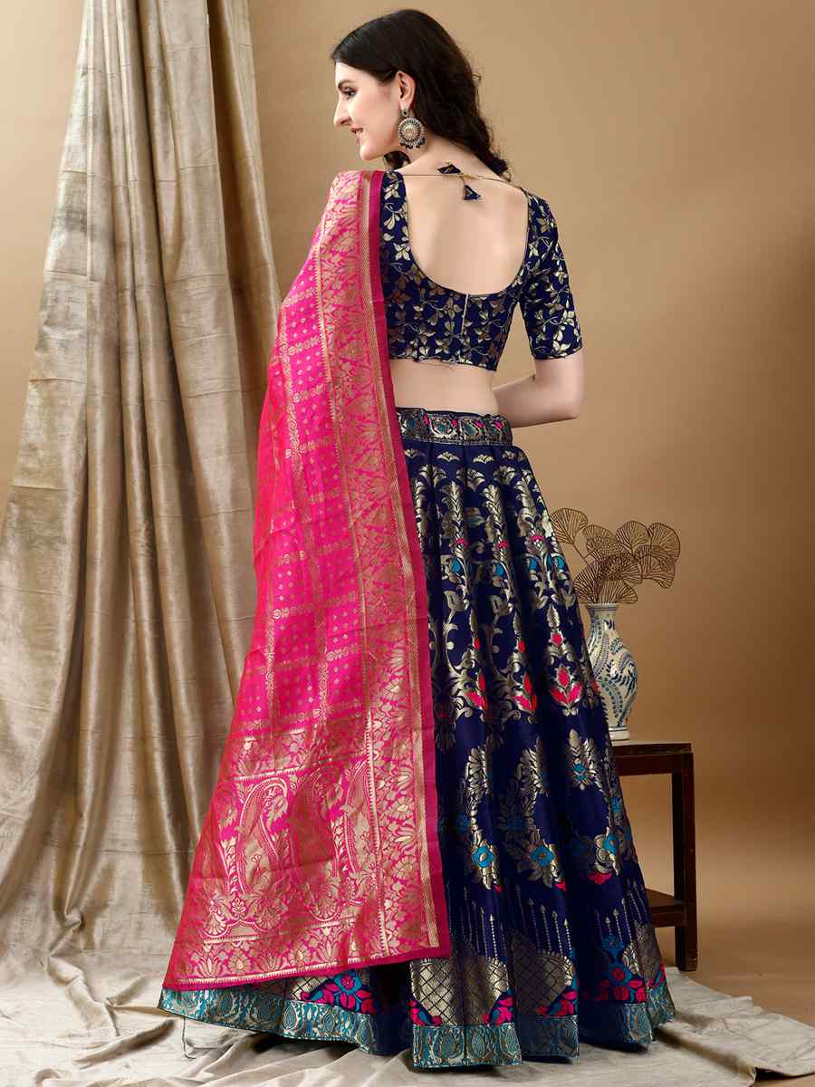 Navy Blue Soft Silk Jacquard Embroidery Bridesmaid Wedding Heavy Border Lehenga Choli