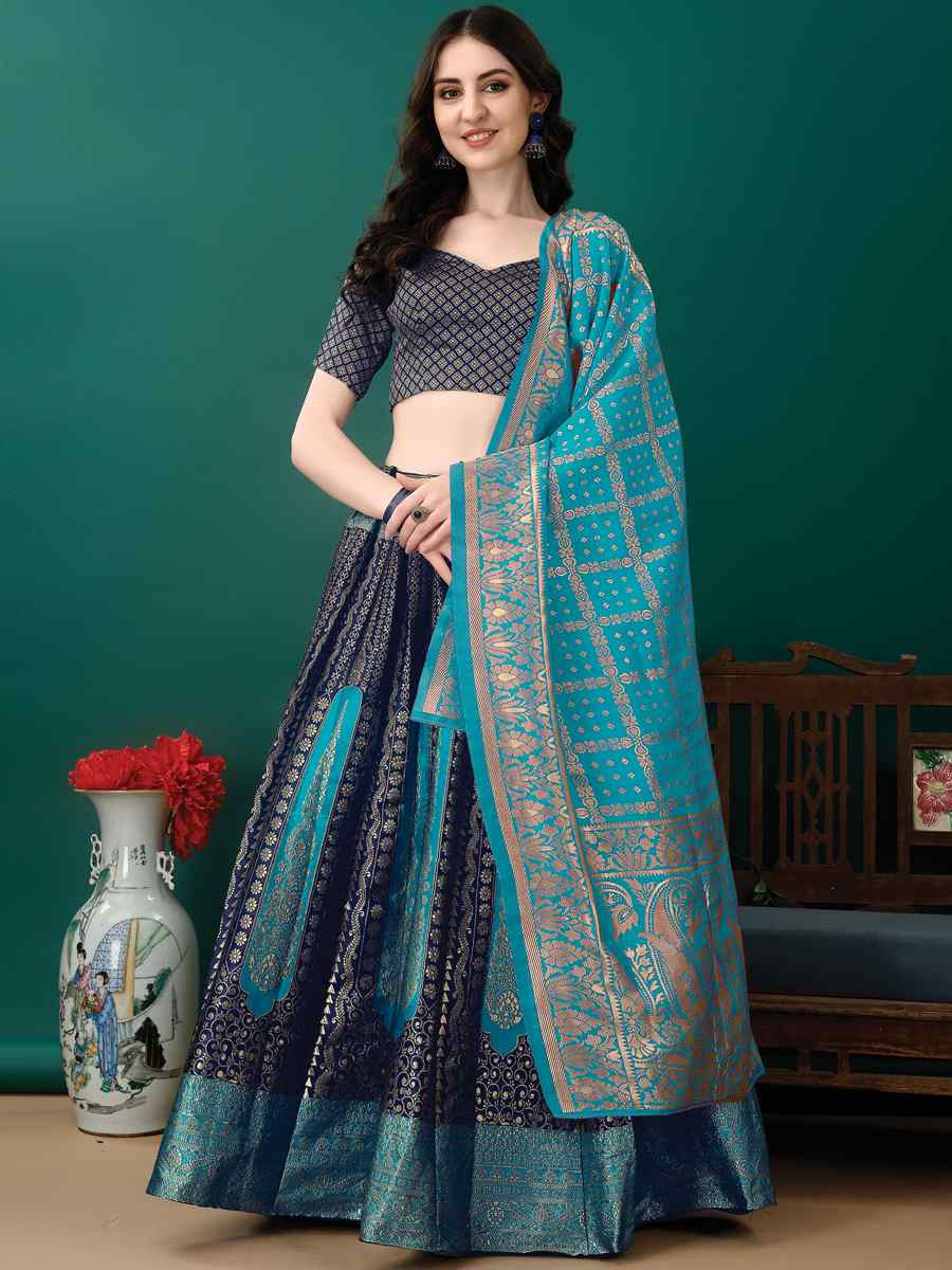 Navy Blue Soft Silk Jacquard Embroidery Bridesmaid Wedding Heavy Border Lehenga Choli