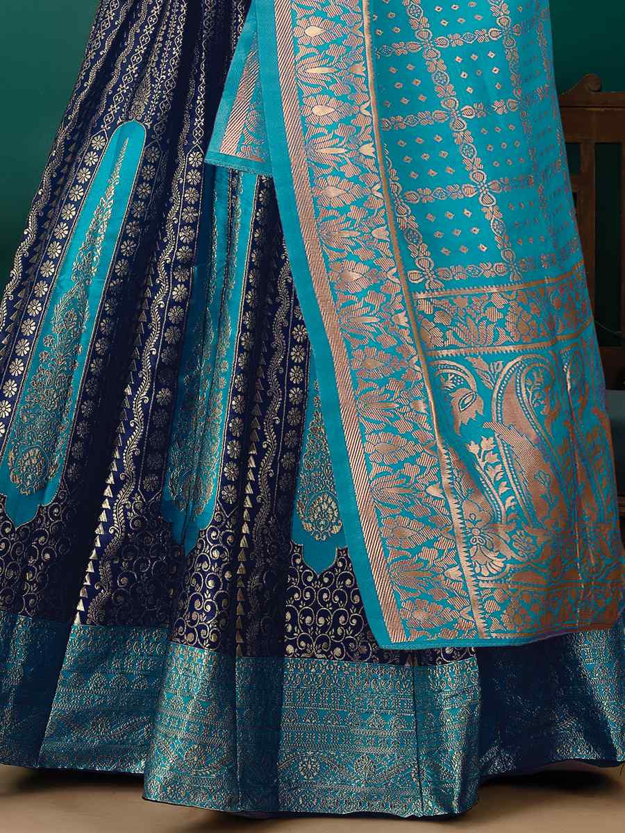 Navy Blue Soft Silk Jacquard Embroidery Bridesmaid Wedding Heavy Border Lehenga Choli