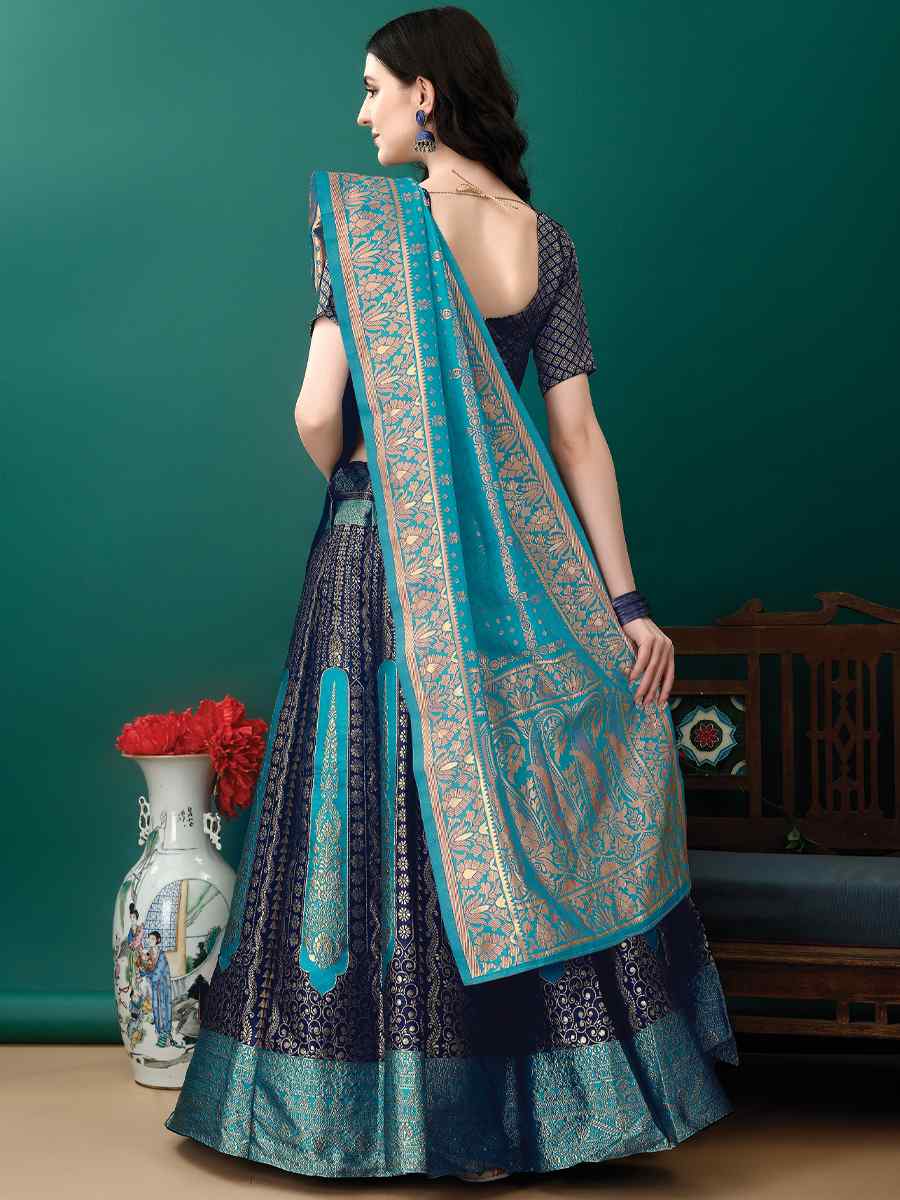 Navy Blue Soft Silk Jacquard Embroidery Bridesmaid Wedding Heavy Border Lehenga Choli