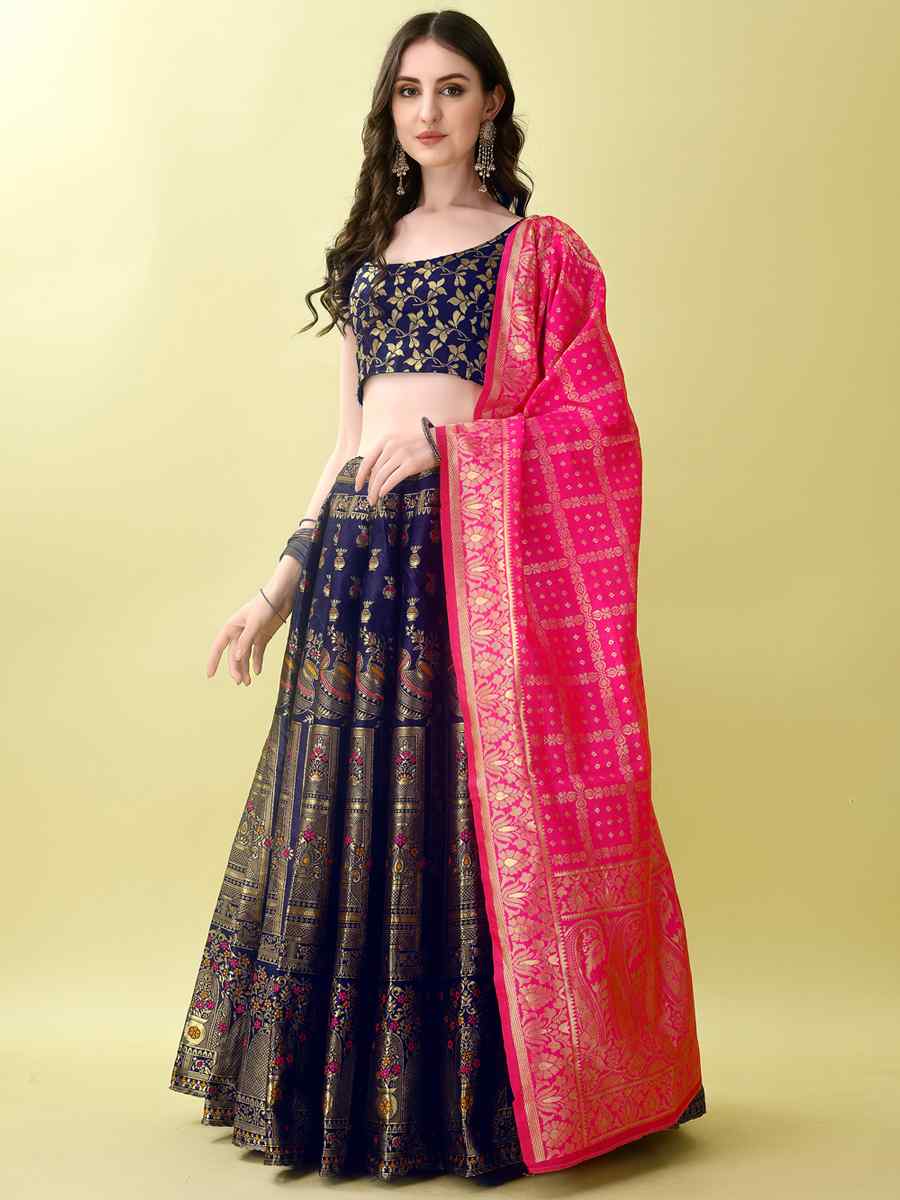 Navy Blue Soft Silk Jacquard Embroidery Bridesmaid Wedding Heavy Border Lehenga Choli