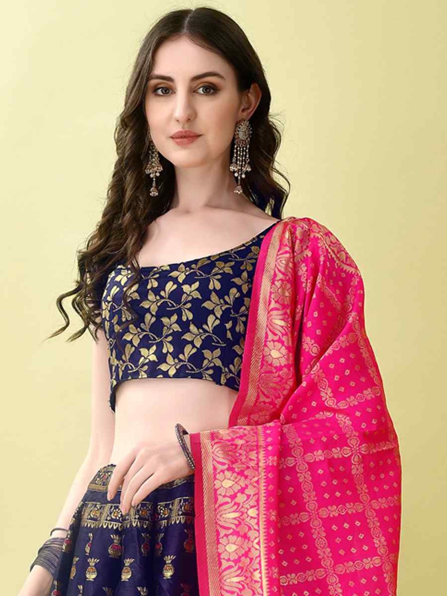 Navy Blue Soft Silk Jacquard Embroidery Bridesmaid Wedding Heavy Border Lehenga Choli