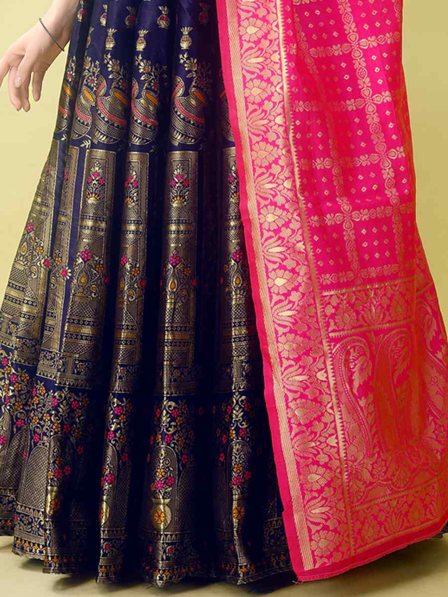 Navy Blue Soft Silk Jacquard Embroidery Bridesmaid Wedding Heavy Border Lehenga Choli