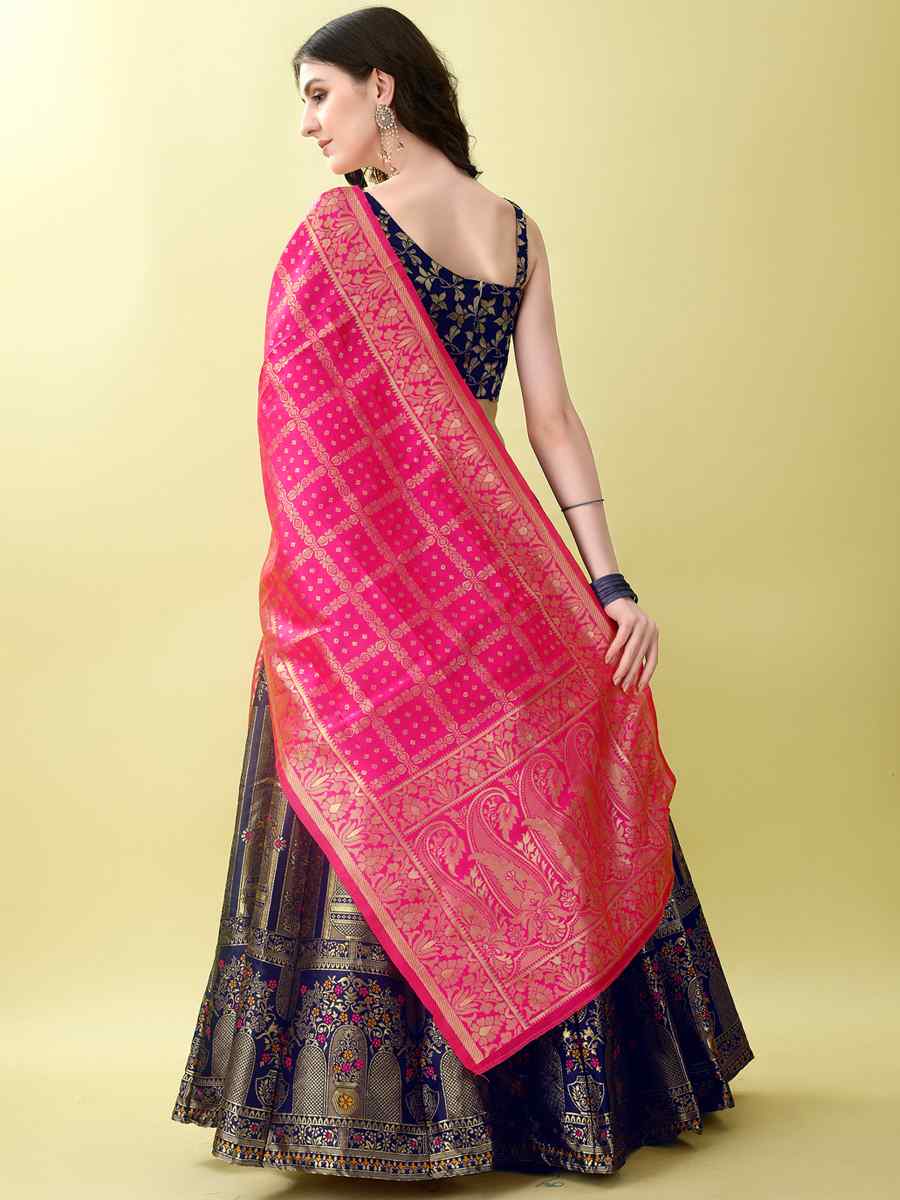 Navy Blue Soft Silk Jacquard Embroidery Bridesmaid Wedding Heavy Border Lehenga Choli