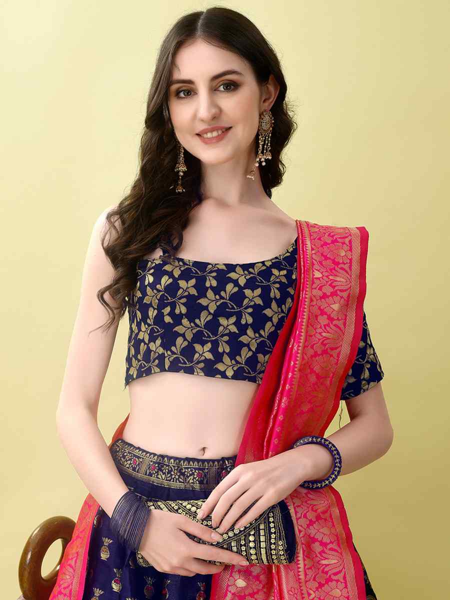 Navy Blue Soft Silk Jacquard Embroidery Bridesmaid Wedding Heavy Border Lehenga Choli