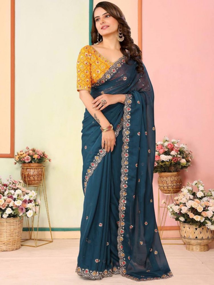 Navy Blue Taby Organza Silk Embroidered Festival Party Heavy Border Saree