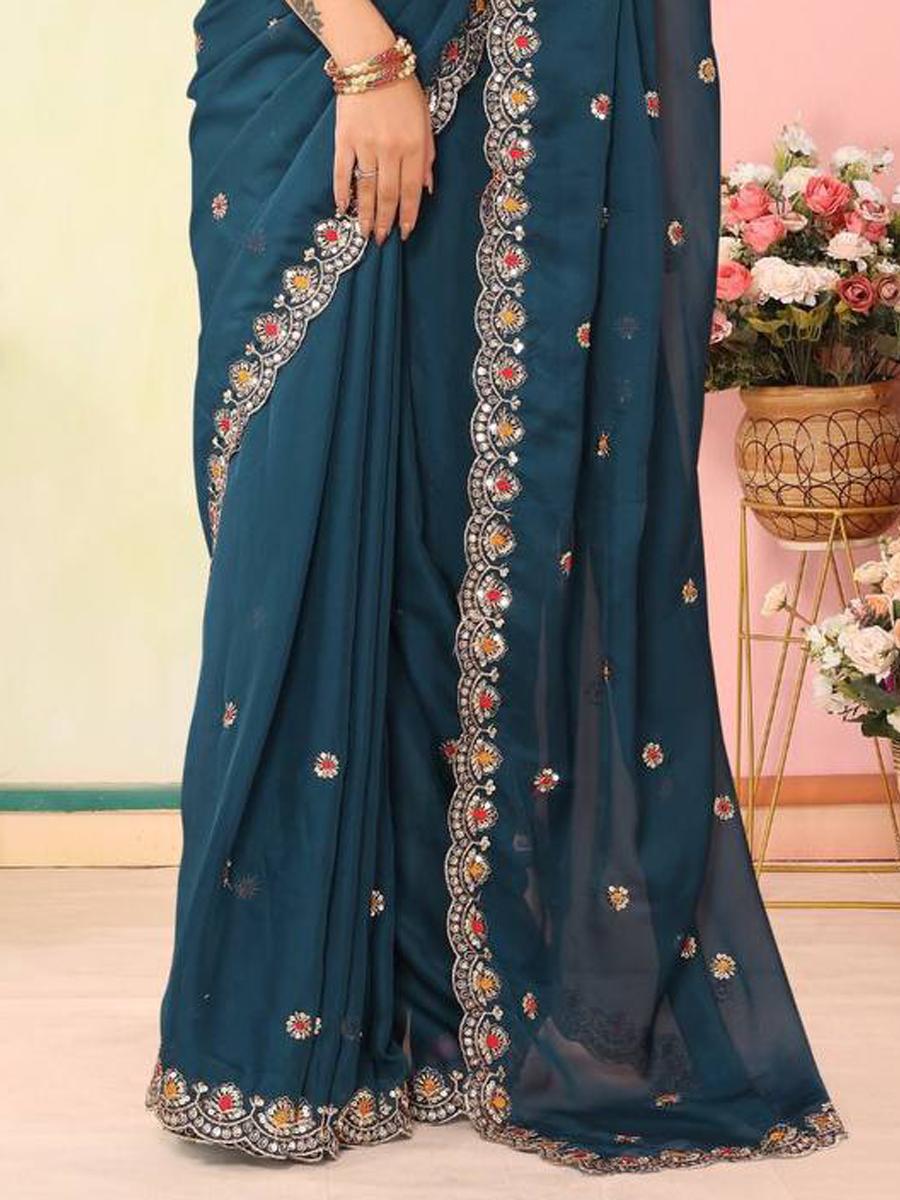 Navy Blue Taby Organza Silk Embroidered Festival Party Heavy Border Saree