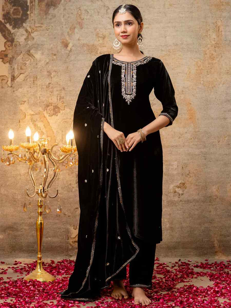 Black Velvet Embroidered Casual Festival Ready Pant Salwar Kameez