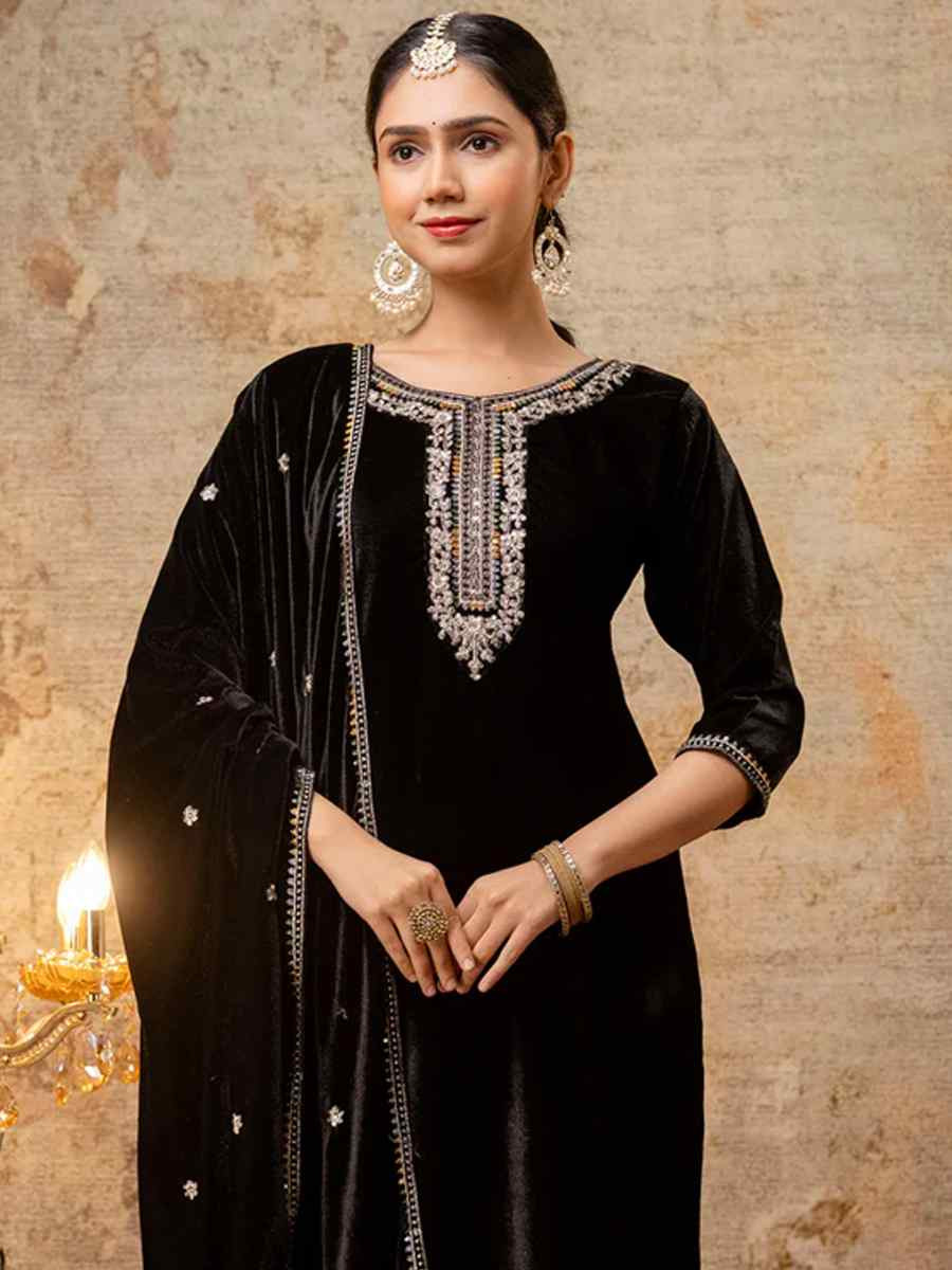 Black Velvet Embroidered Casual Festival Ready Pant Salwar Kameez