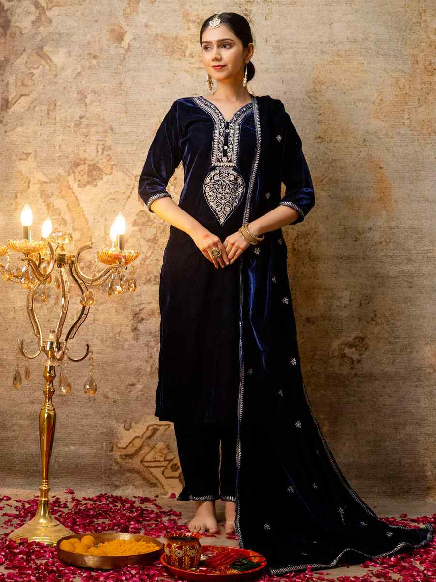 Navy Blue Velvet Embroidered Casual Festival Ready Pant Salwar Kameez