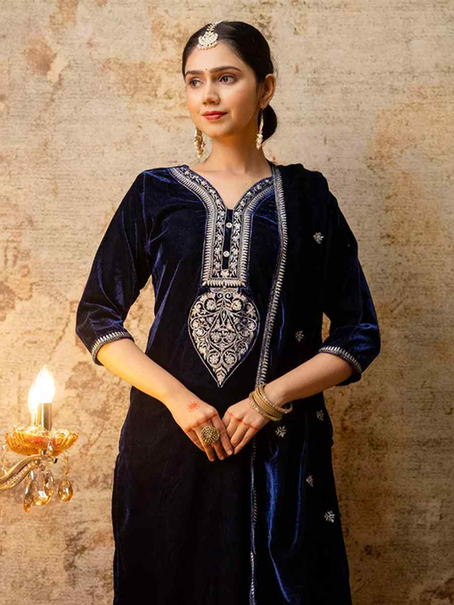 Navy Blue Velvet Embroidered Casual Festival Ready Pant Salwar Kameez