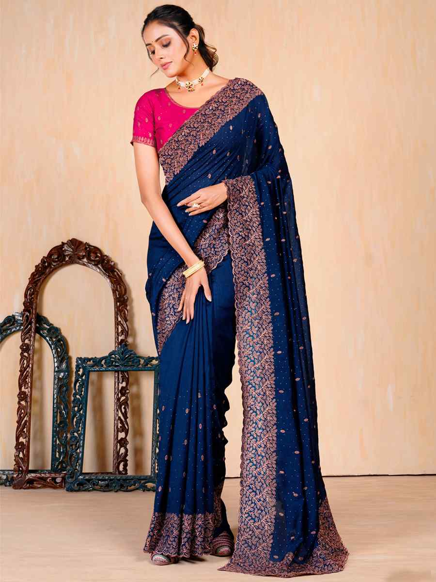 Navy Blue Vichitra Embroidered Wedding Party Heavy Border Saree