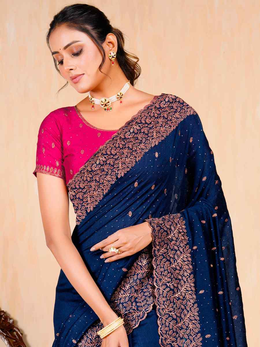 Navy Blue Vichitra Embroidered Wedding Party Heavy Border Saree