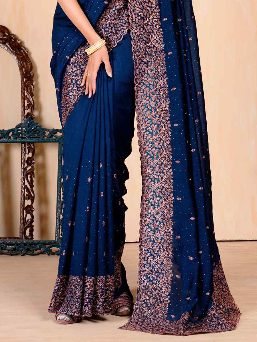 Navy Blue Vichitra Embroidered Wedding Party Heavy Border Saree