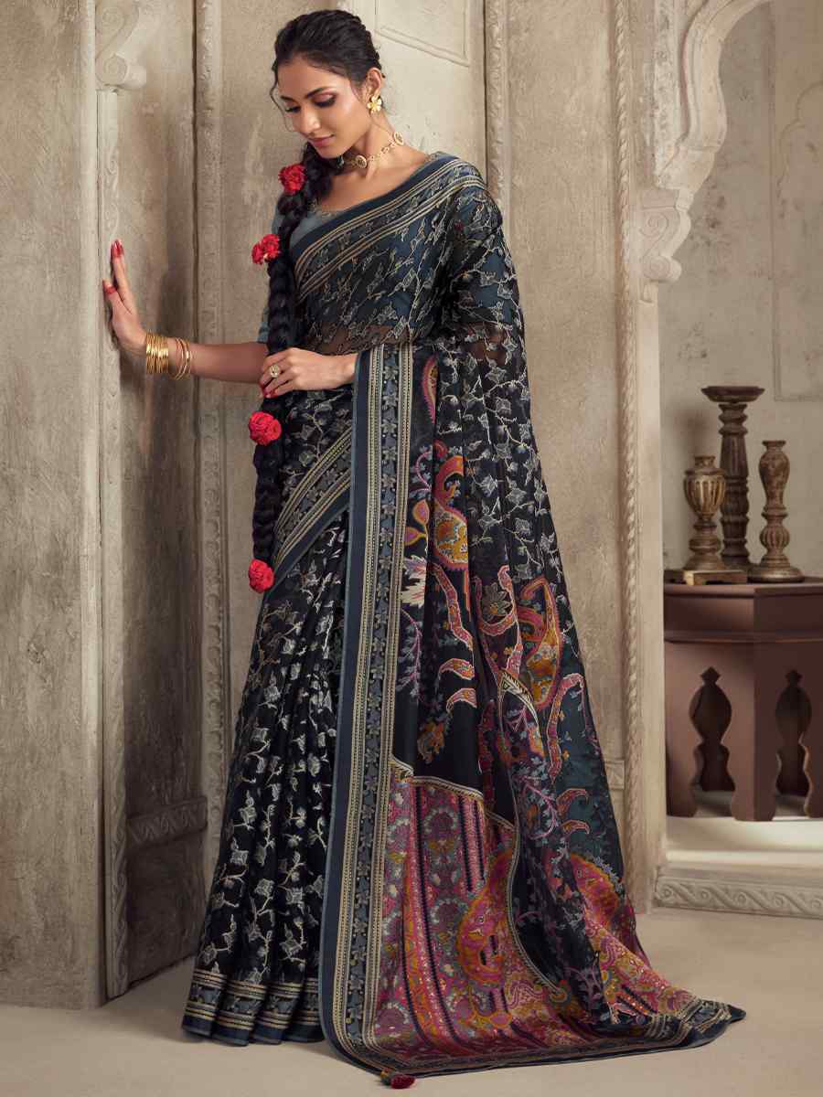 Navy Blue Vichitra Organza Embroidered Party Festival Heavy Border Saree