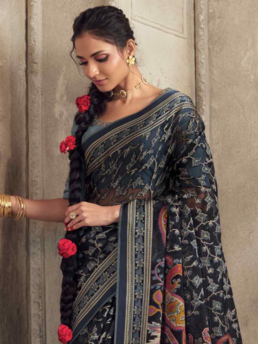 Navy Blue Vichitra Organza Embroidered Party Festival Heavy Border Saree