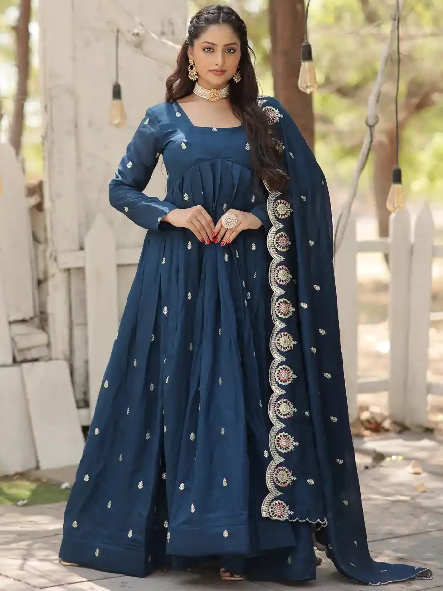 Navy Blue Vichitra Shimmer Embroidered Festival Casual Gown