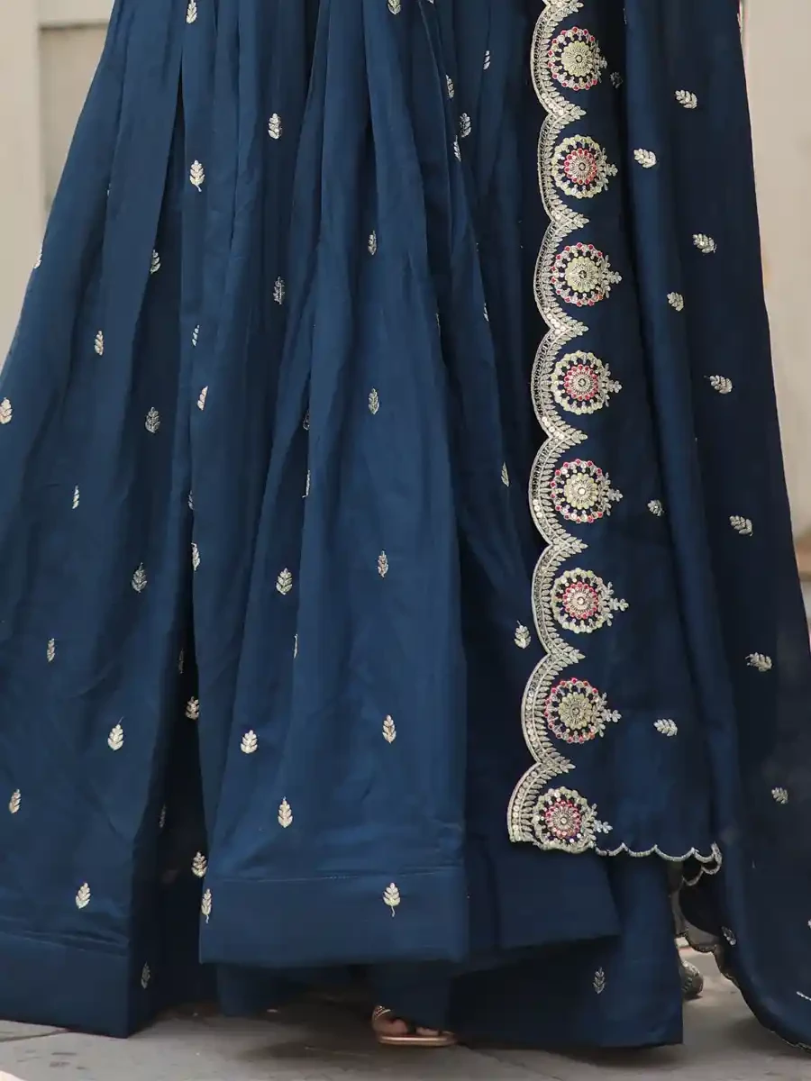 Navy Blue Vichitra Shimmer Embroidered Festival Casual Gown