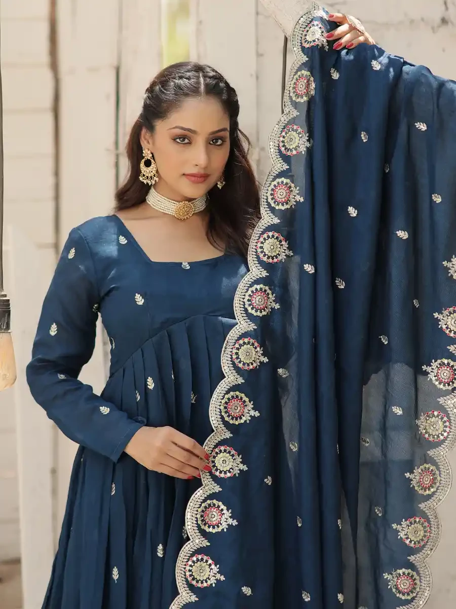 Navy Blue Vichitra Shimmer Embroidered Festival Casual Gown