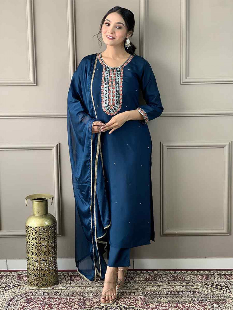 Navy Blue Viscose Chanderi Silk Embroidered Festival Casual Ready Pant Salwar Kameez