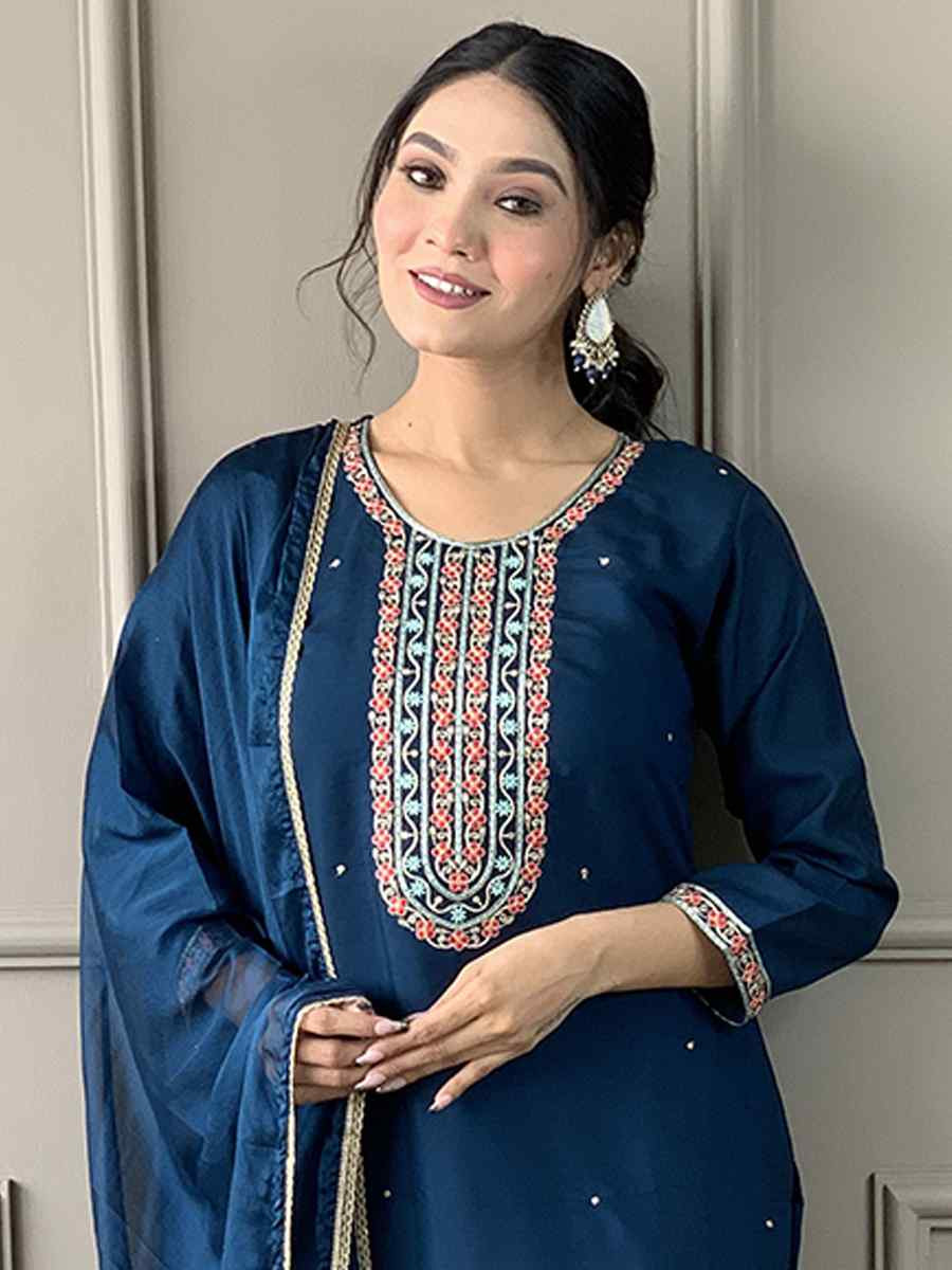 Navy Blue Viscose Chanderi Silk Embroidered Festival Casual Ready Pant Salwar Kameez