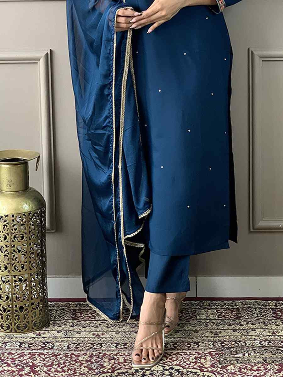 Navy Blue Viscose Chanderi Silk Embroidered Festival Casual Ready Pant Salwar Kameez