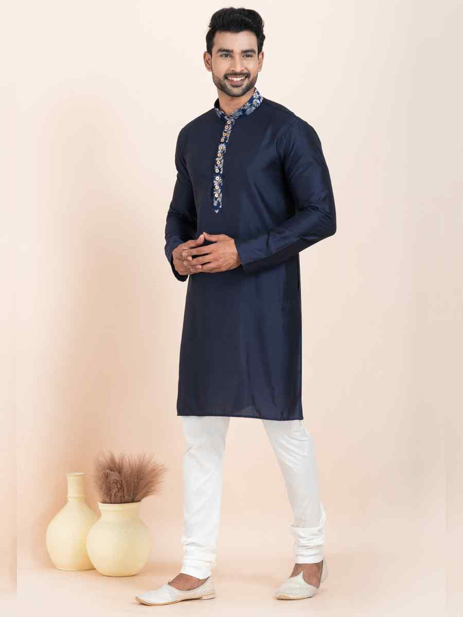 Navy Blue Viscose Printed Festival Wedding Kurta Pyjama Men's Wear