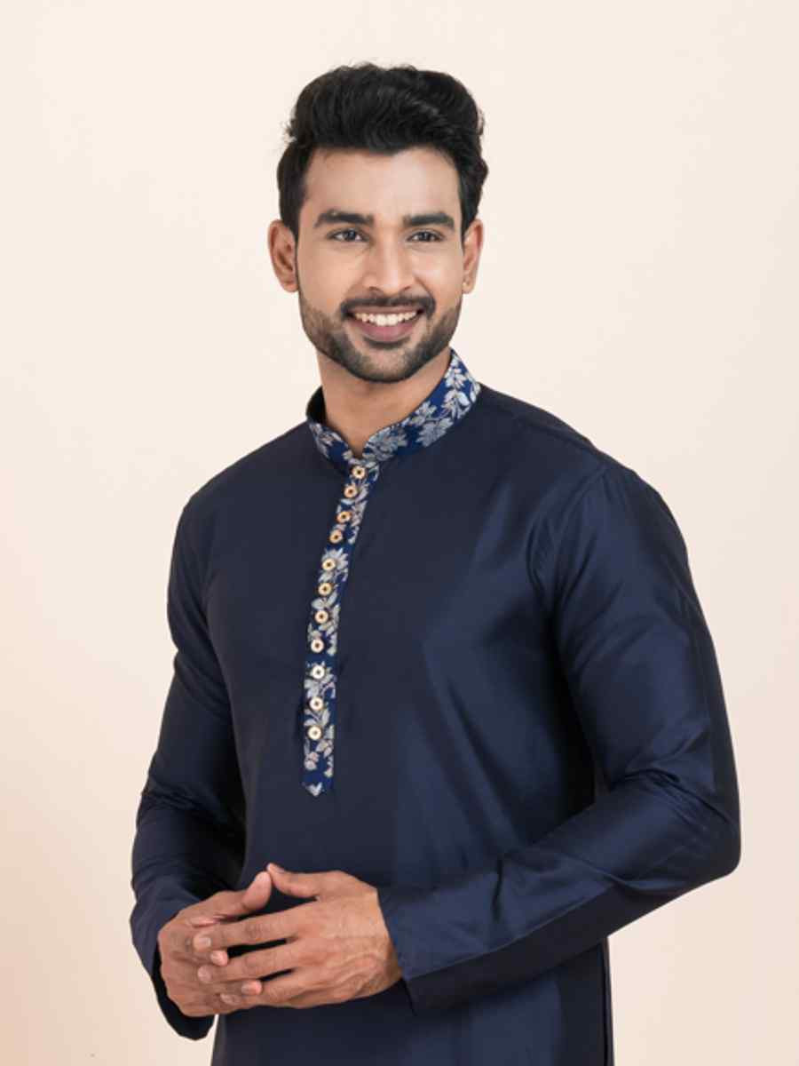 Navy Blue Viscose Printed Festival Wedding Kurta Pyjama Men's Wear