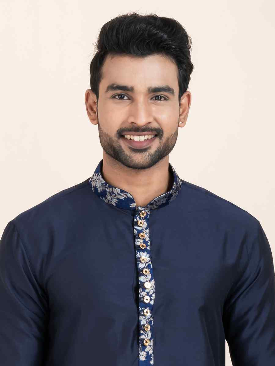 Navy Blue Viscose Printed Festival Wedding Kurta Pyjama Men's Wear