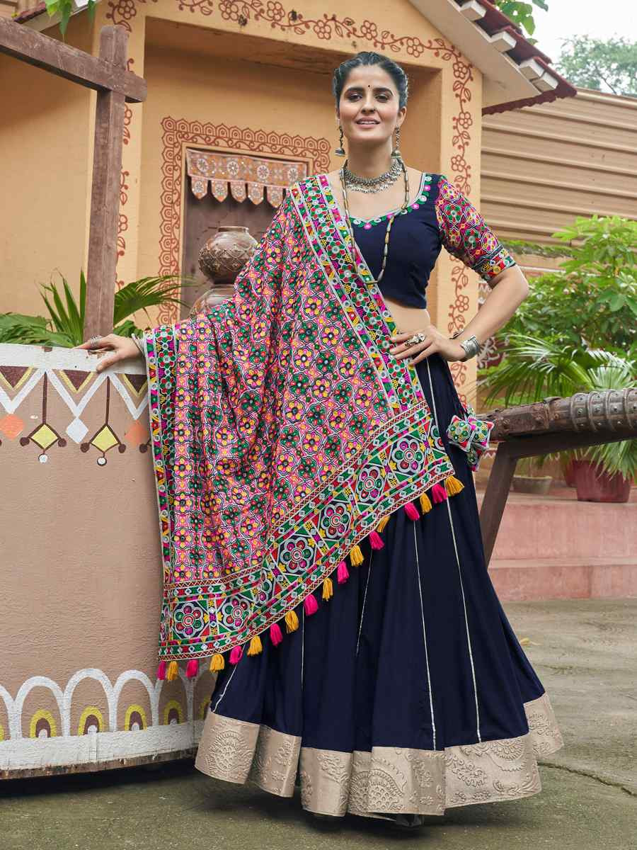 Navy Blue Viscose Rayon Embroidered Festival Wedding Traditional Lehenga Choli