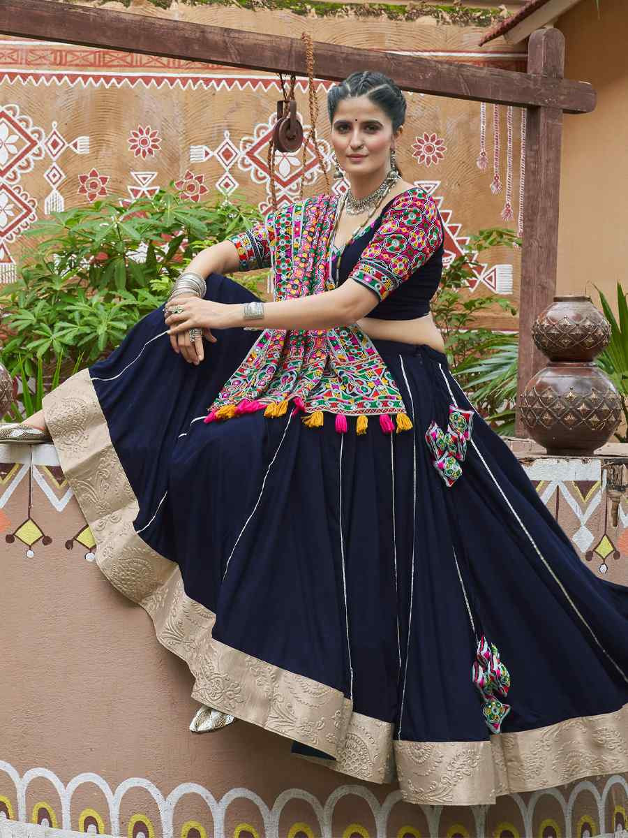 Navy Blue Viscose Rayon Embroidered Festival Wedding Traditional Lehenga Choli