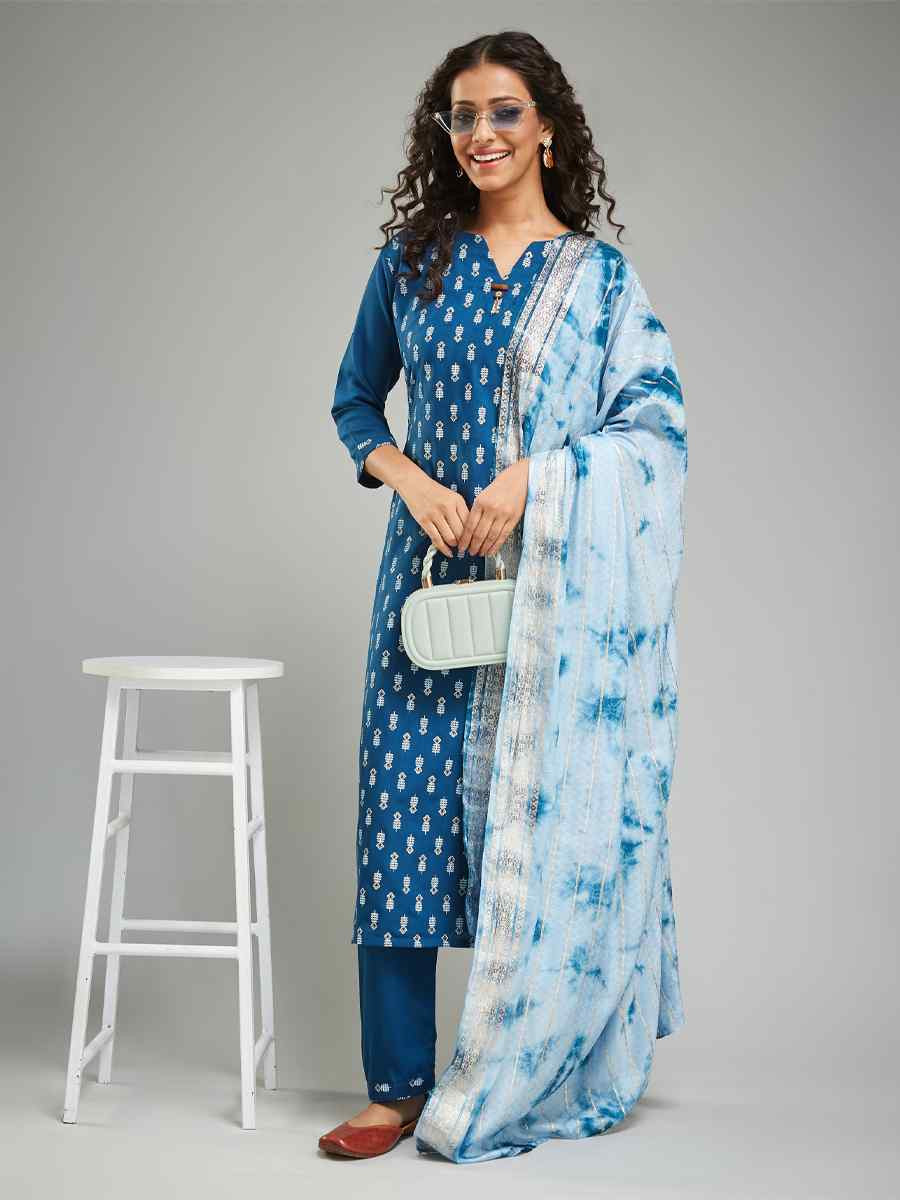 Navy Blue Viscose Rayon Printed Festival Casual Ready Pant Salwar Kameez