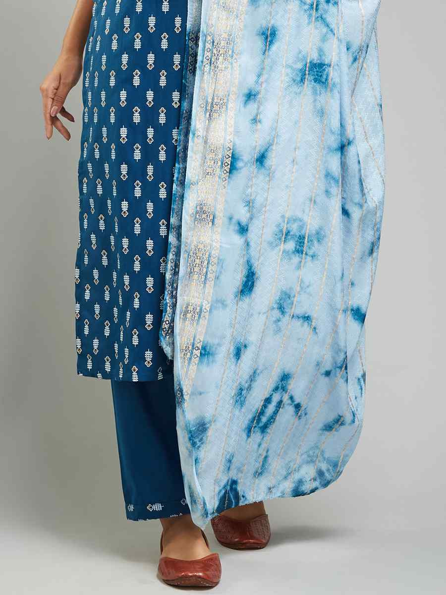 Navy Blue Viscose Rayon Printed Festival Casual Ready Pant Salwar Kameez