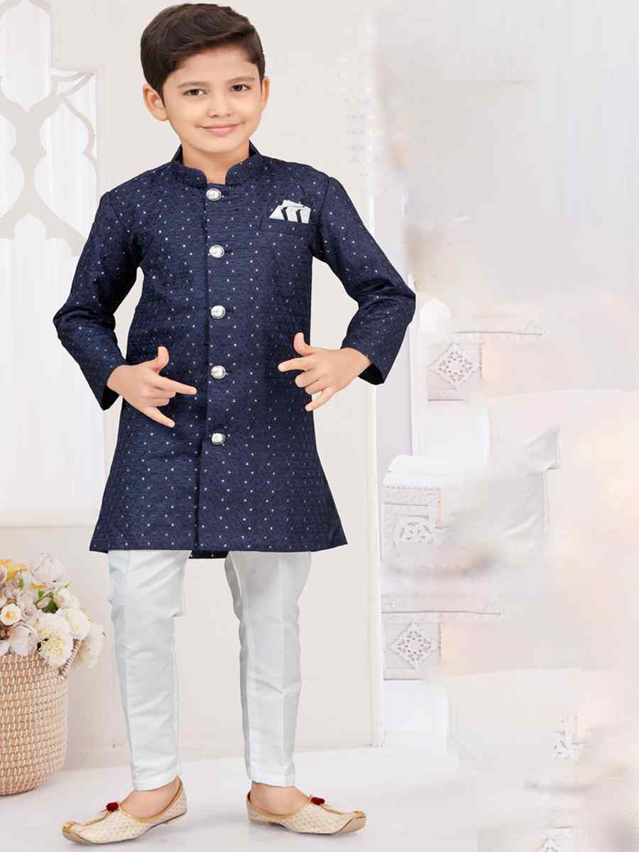 Nevy Blue Champion Silk Embroidered Festival Wedding Kurta Pyjama Boys Wear