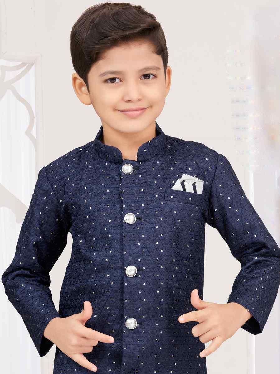 Nevy Blue Champion Silk Embroidered Festival Wedding Kurta Pyjama Boys Wear