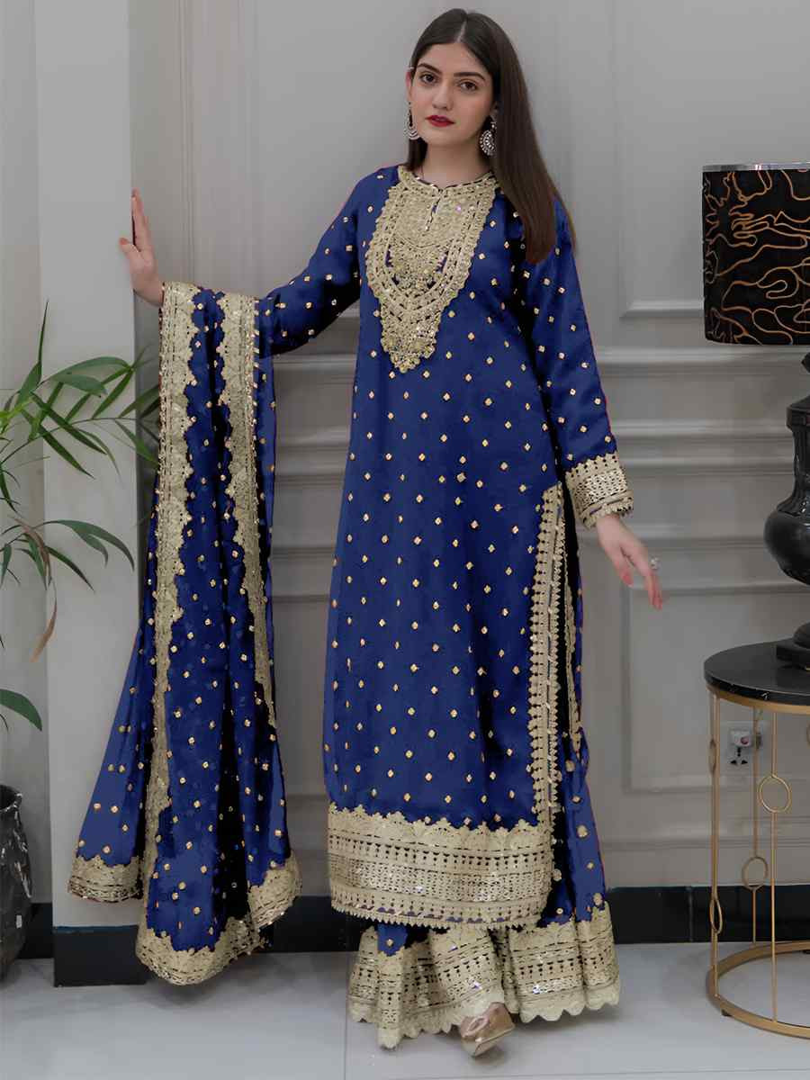 Nevy Blue Heavy Faux Georgette Embroidered Festival Casual Ready Sharara Pant Salwar Kameez