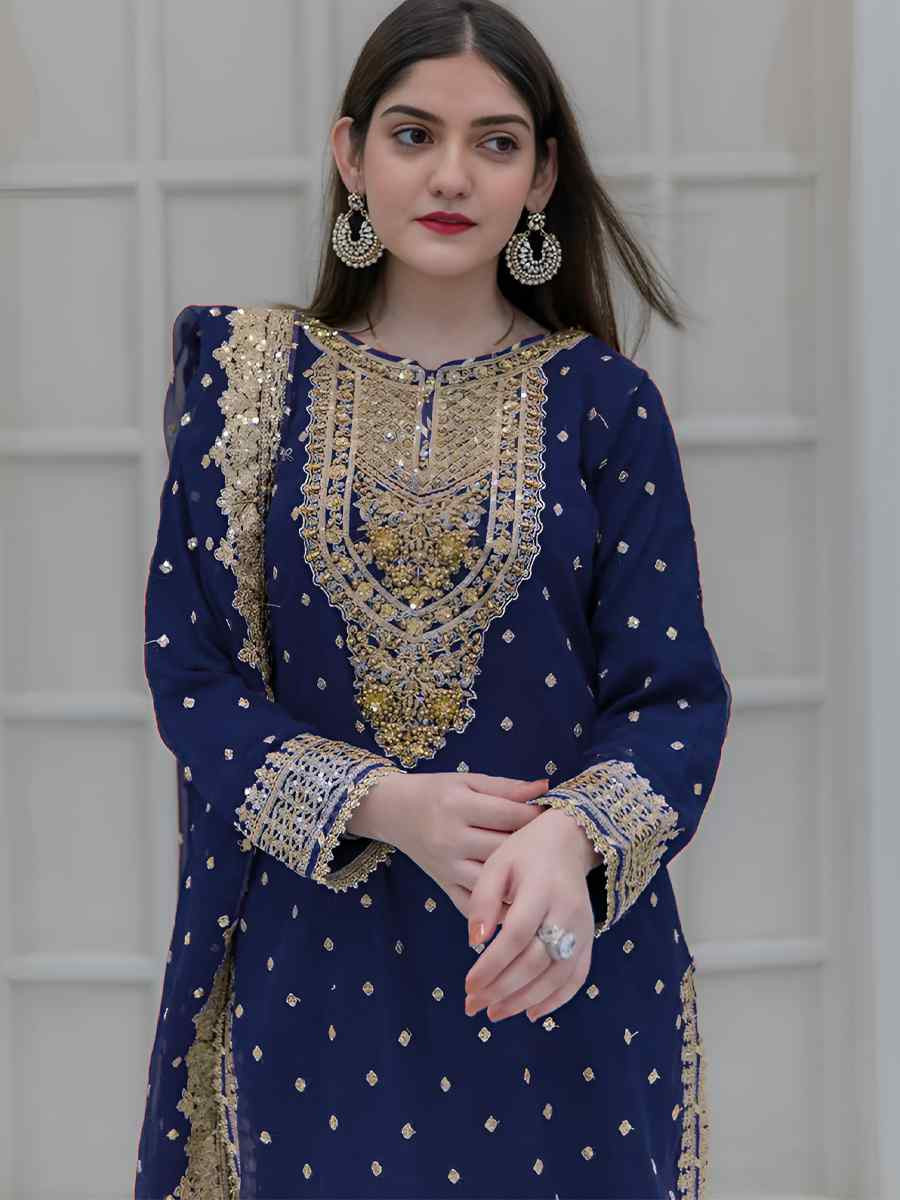 Nevy Blue Heavy Faux Georgette Embroidered Festival Casual Ready Sharara Pant Salwar Kameez