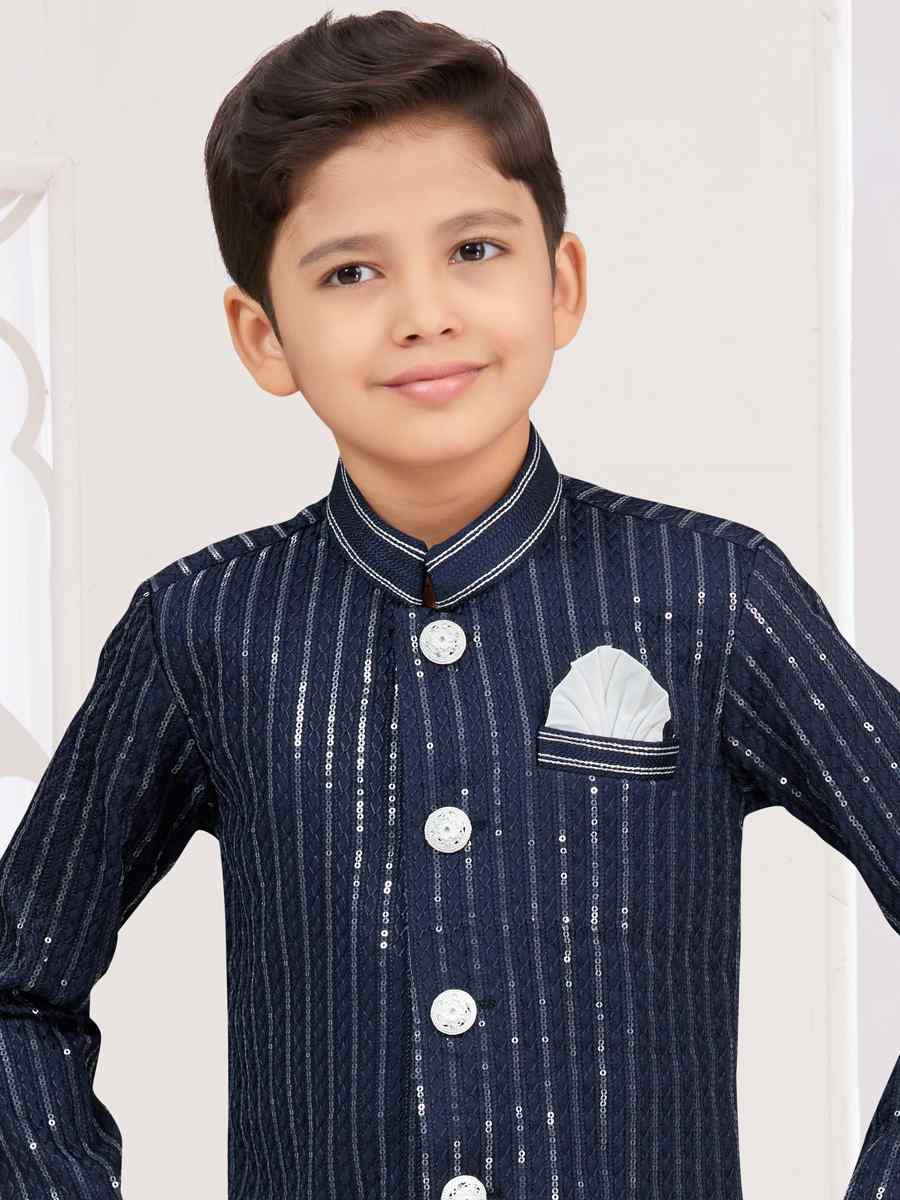 Nevy Blue Imported Silk Embroidered Festival Wedding Kurta Pyjama Boys Wear