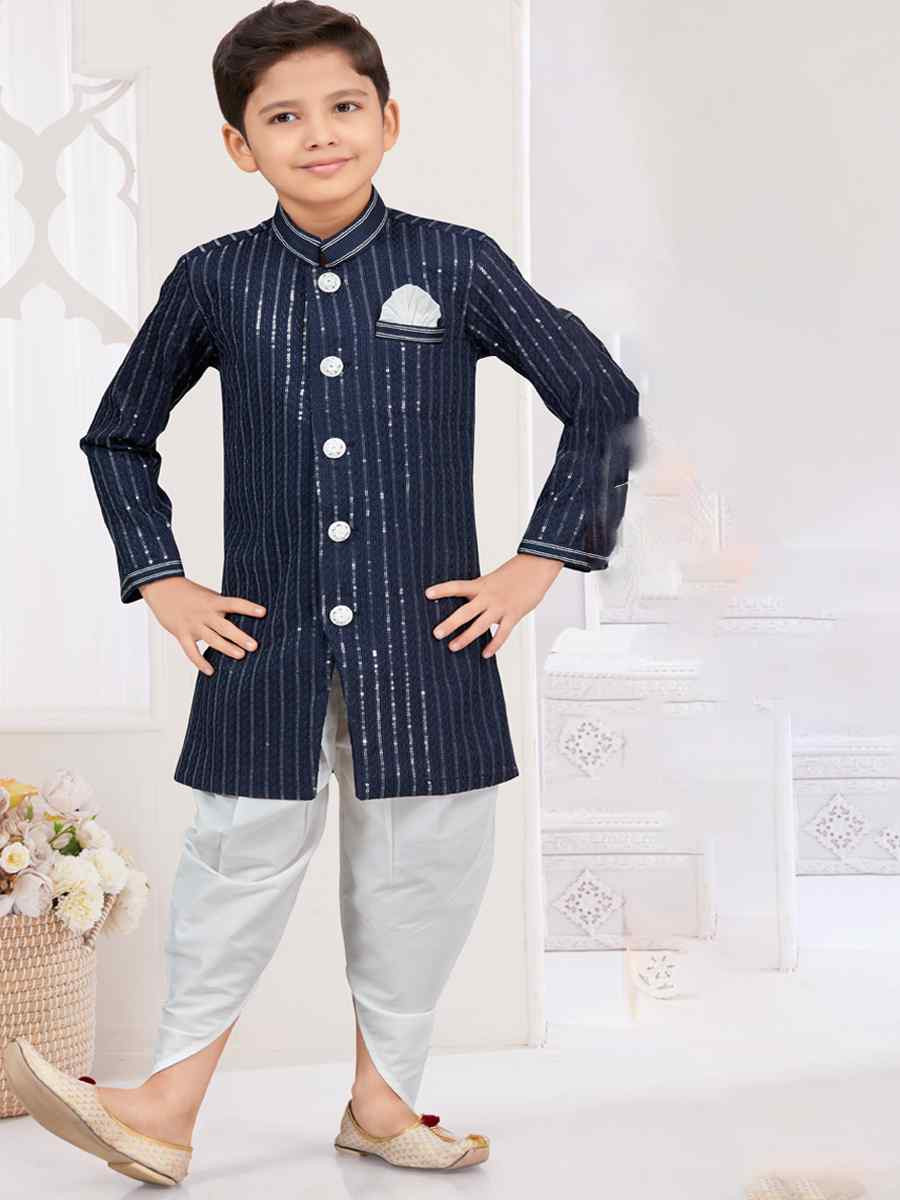 Nevy Blue Imported Silk Embroidered Festival Wedding Kurta Pyjama Boys Wear