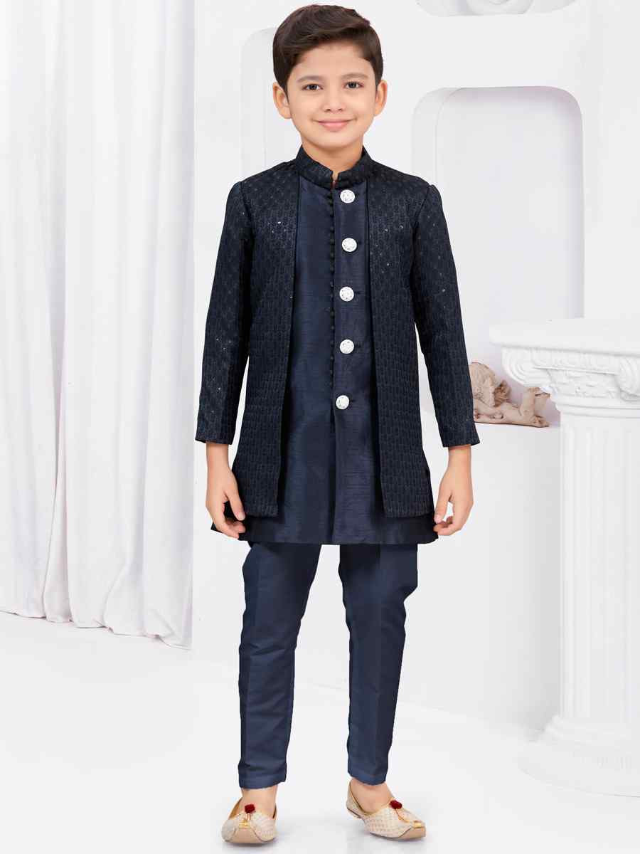 Nevy Blue Jacquard Banarasi Silk Embroidered Festival Wedding Kurta Pyjama Boys Wear