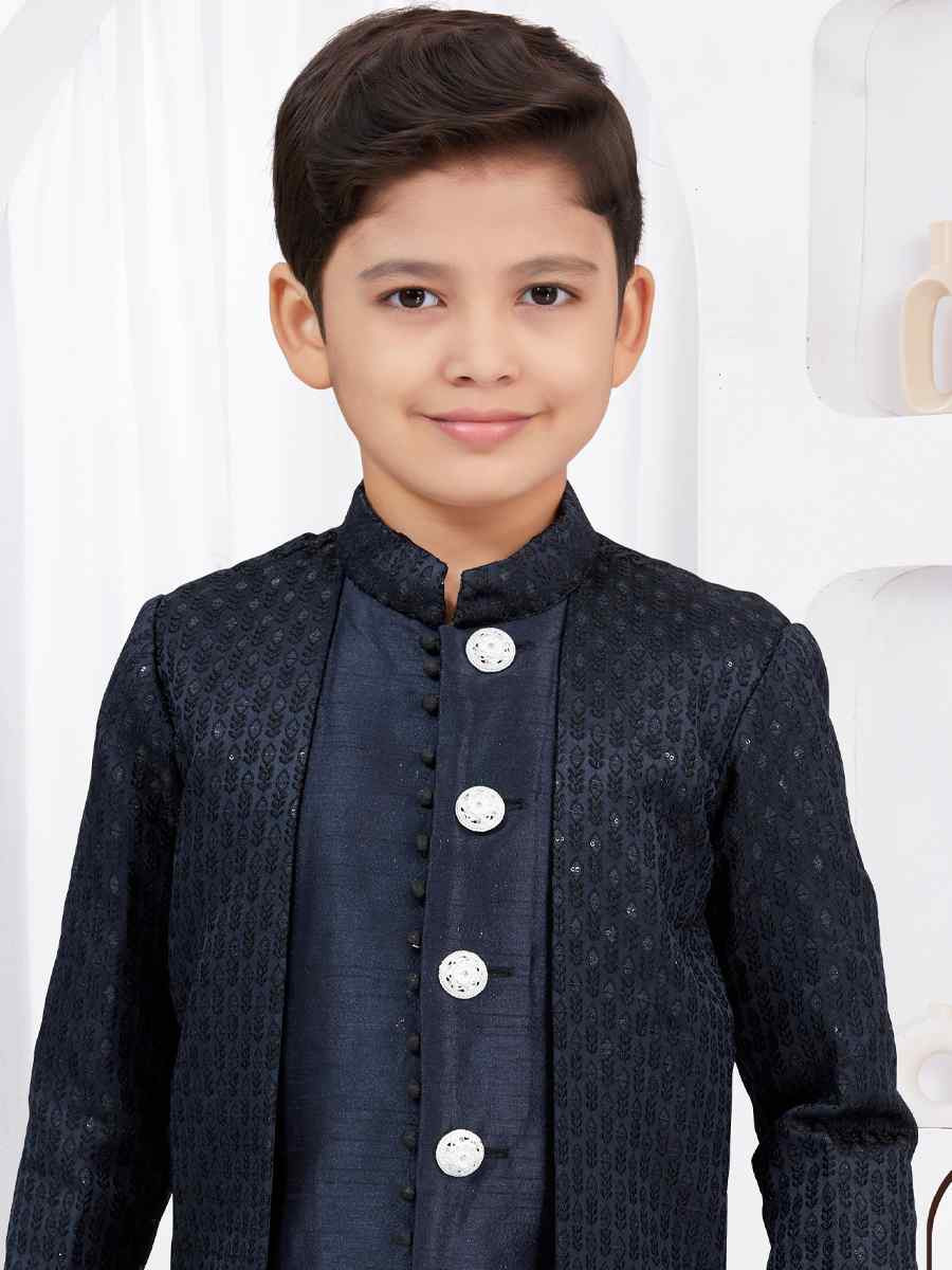 Nevy Blue Jacquard Banarasi Silk Embroidered Festival Wedding Kurta Pyjama Boys Wear