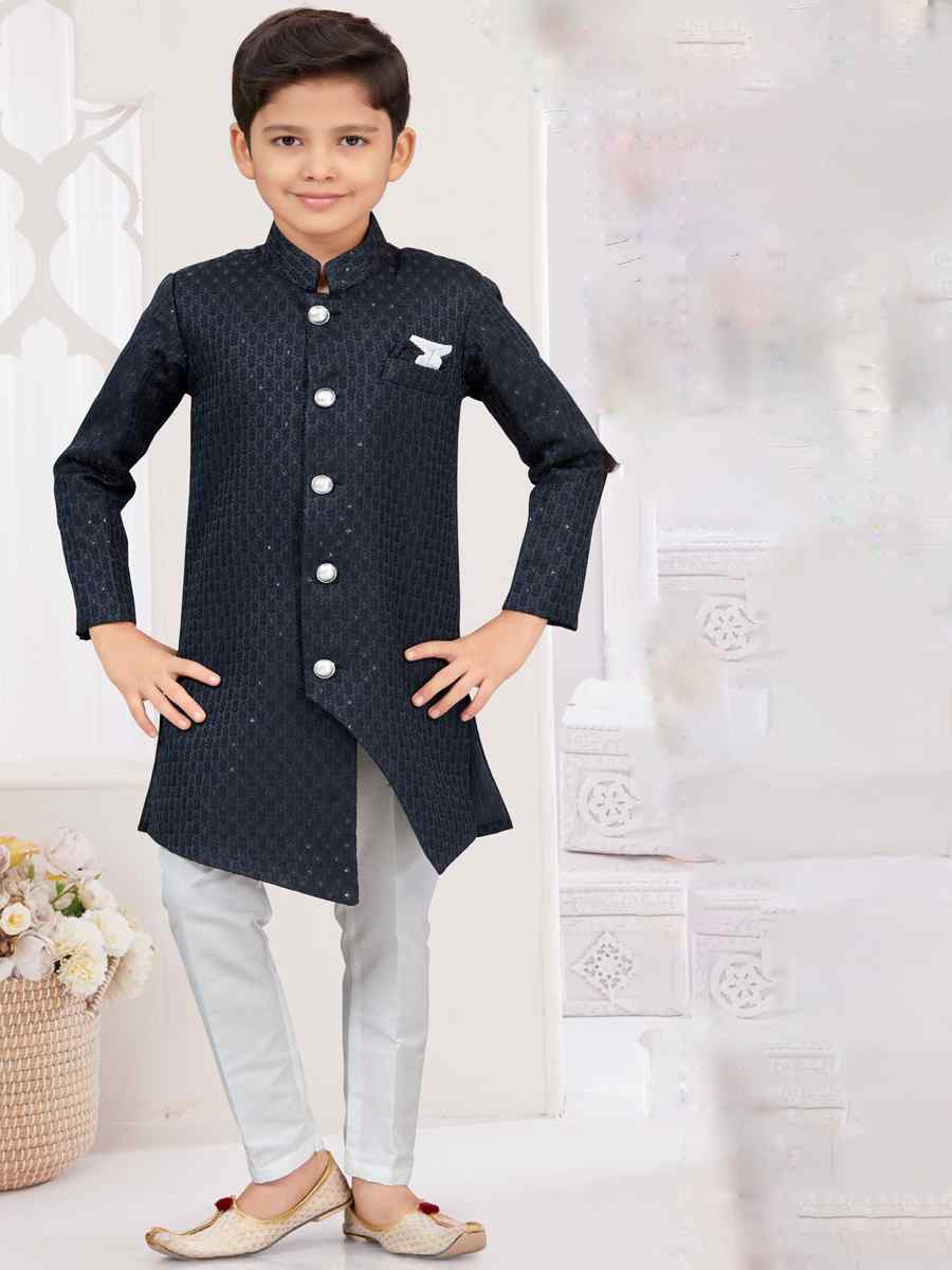 Nevy Blue Jacquard Embroidered Festival Wedding Kurta Pyjama Boys Wear