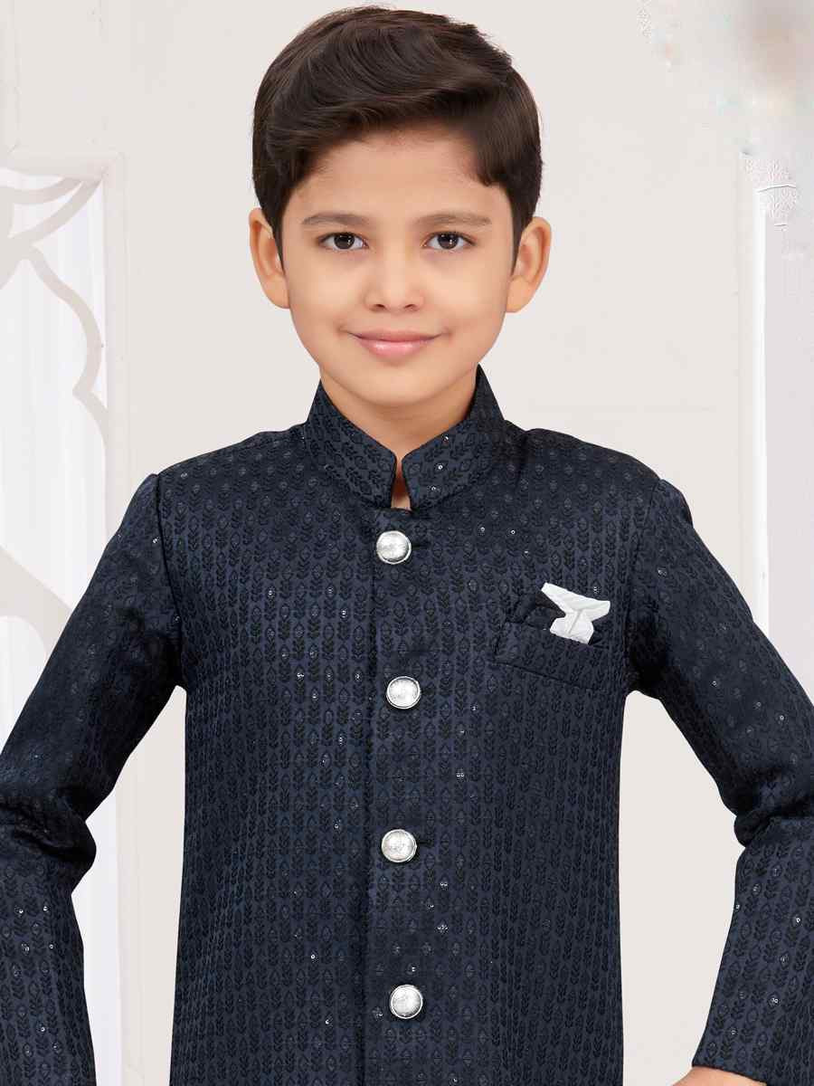 Nevy Blue Jacquard Embroidered Festival Wedding Kurta Pyjama Boys Wear