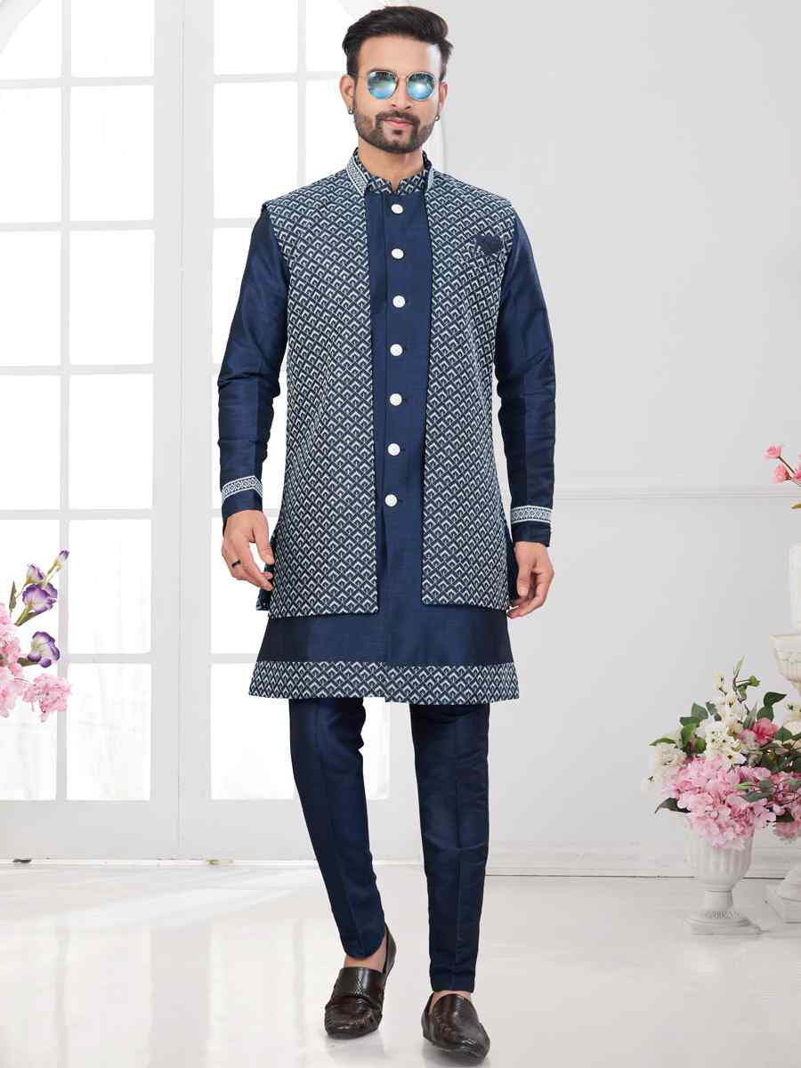 Nevy Blue Silk Dupion Embroidered Festival Wedding Sherwani