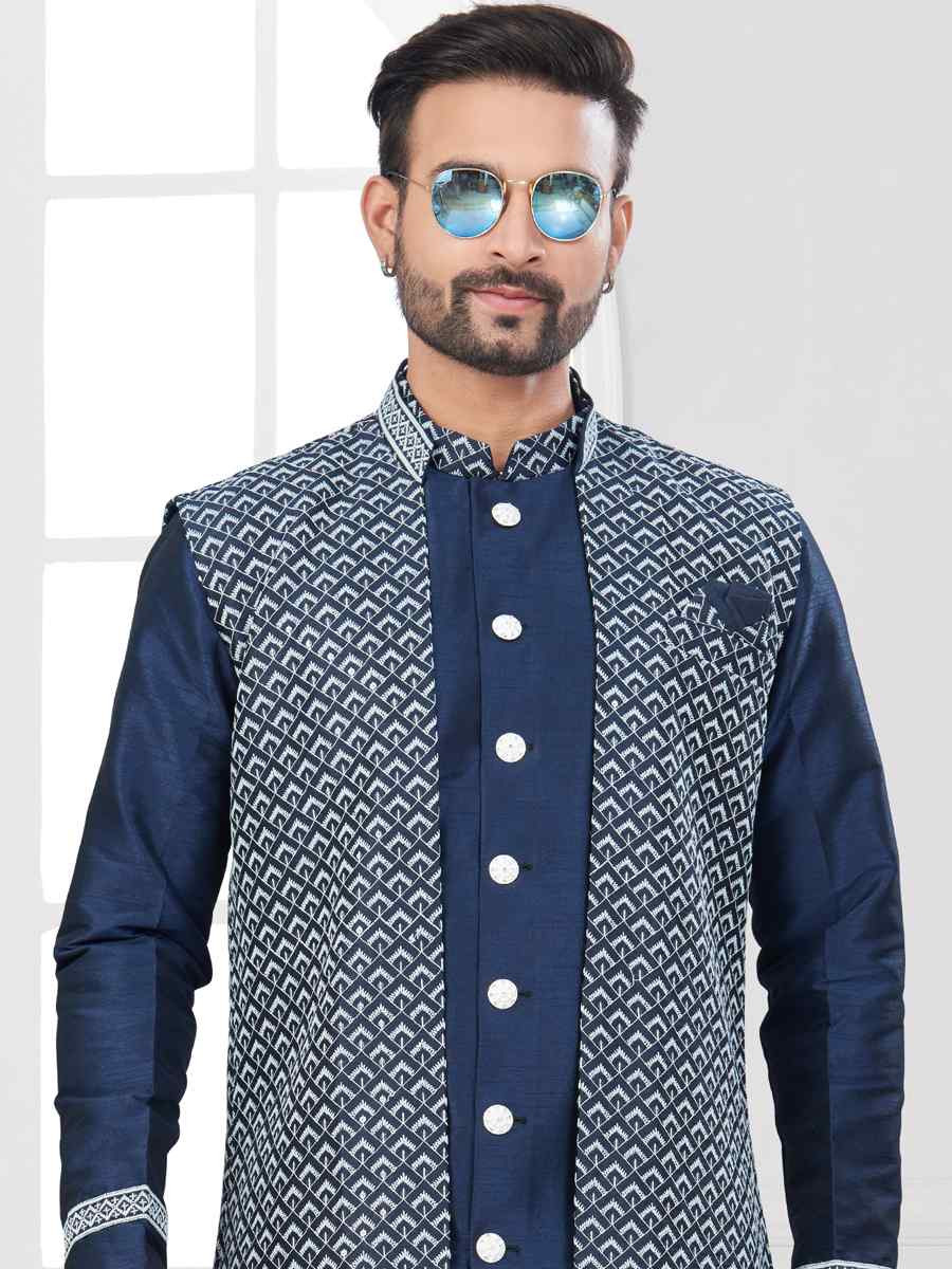 Nevy Blue Silk Dupion Embroidered Festival Wedding Sherwani