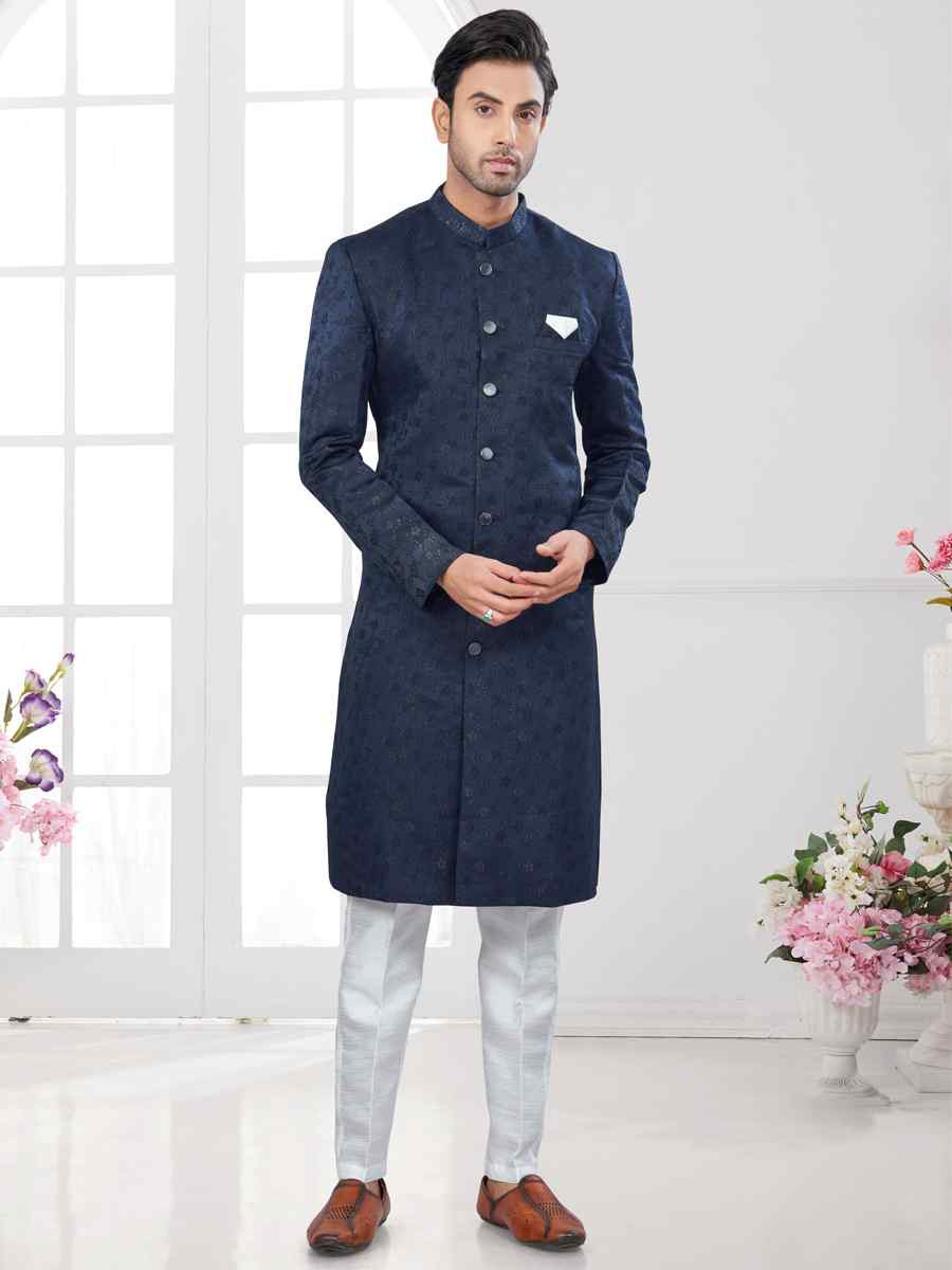 Nevy Blue Silk Dupion Embroidered Festival Wedding Sherwani