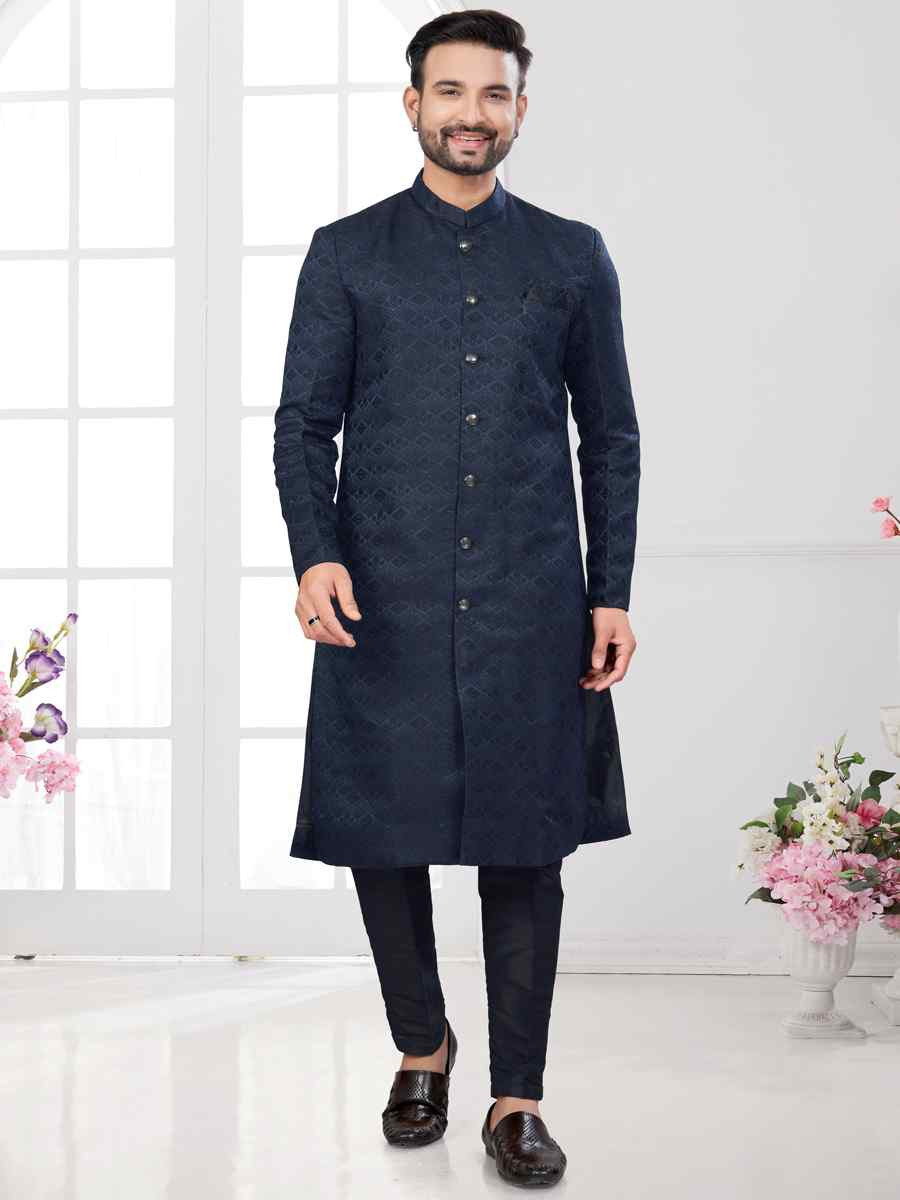 Nevy Blue Silk Dupion Embroidered Festival Wedding Sherwani