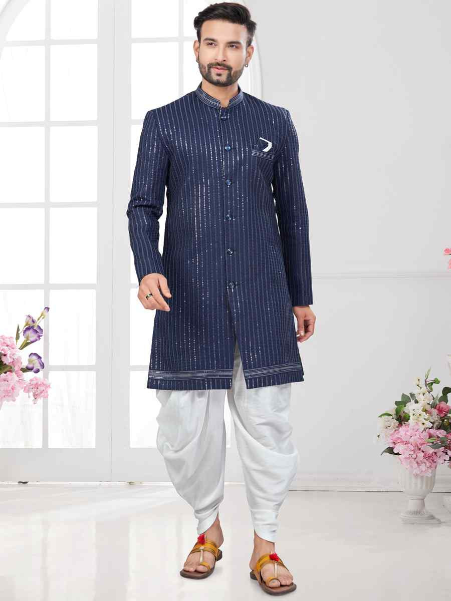 Nevy Blue Silk Dupion Embroidered Festival Wedding Sherwani