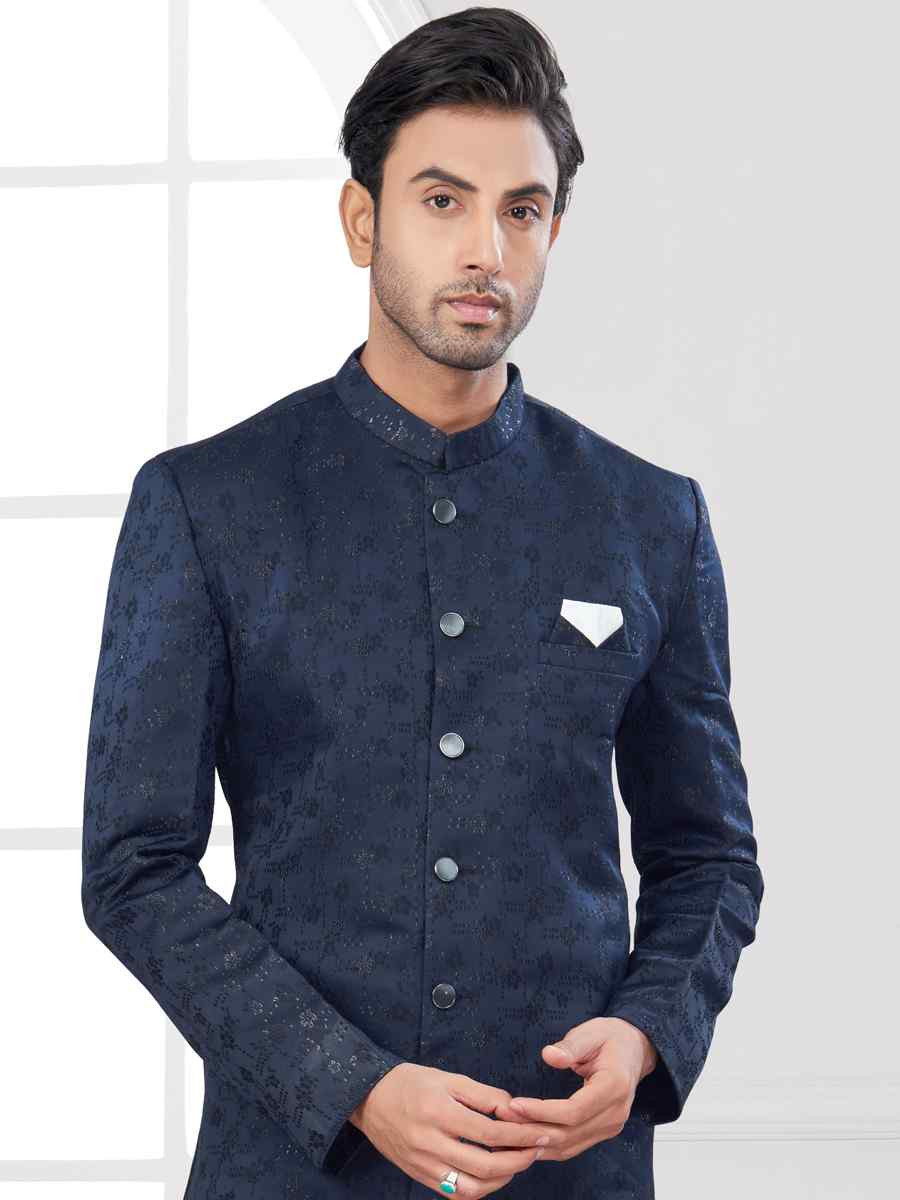 Nevy Blue Silk Dupion Embroidered Festival Wedding Sherwani